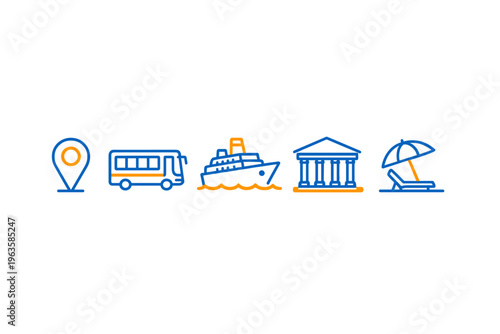 Different modes of transport and locations show steps of travel and relaxation in a simple graphic design