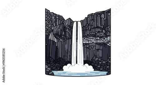 Stylized waterfall cascades down rocky cliffs into a pool