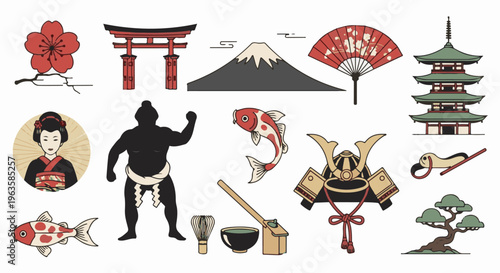 Pixel art collage of iconic Japanese cultural symbols and elements
