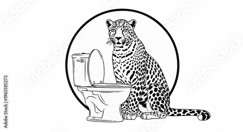 A spotted feline sits next to an open toilet bowl within a circular border