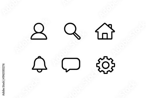 Icons representing user interface elements found in mobile applications for navigation and communication in digital spaces