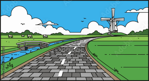 A picturesque rural landscape featuring a cobblestone road leading to a Dutch windmill and grazing cows