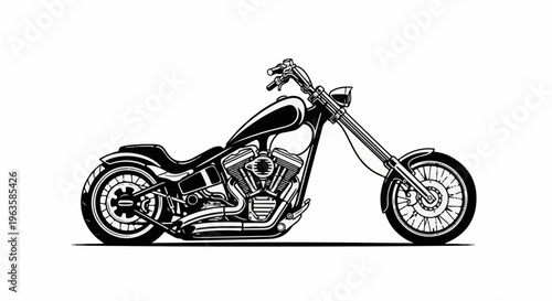 A detailed black and white illustration of a custom chopper motorcycle