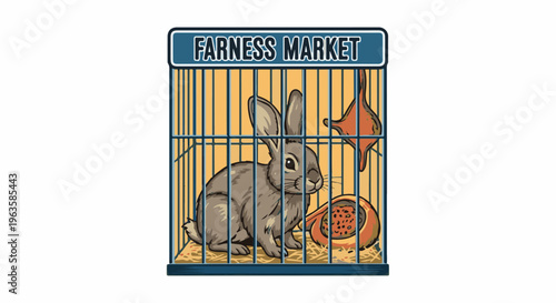 A rabbit sits in a cage with hay and a half-eaten orange fruit
