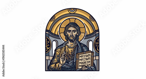 Pixelated stained glass depiction of Jesus holding a book