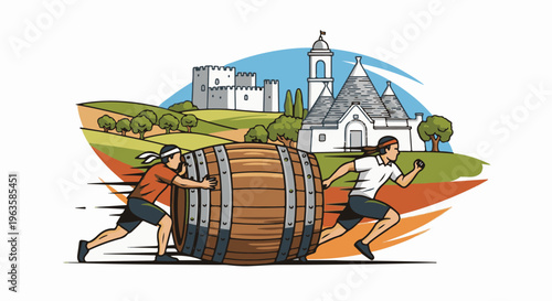 Two men race with a wooden barrel past rolling hills and historic buildings