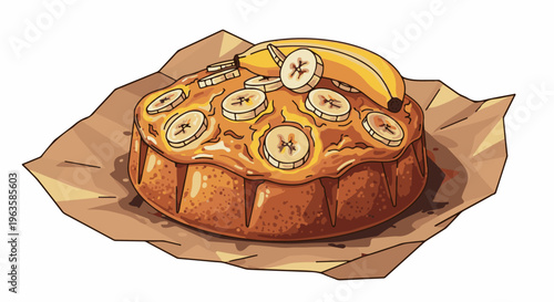 Pixel art of a delicious banana cake with sliced bananas on top