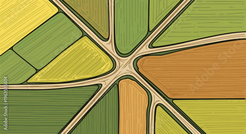 Overhead view of a geometric farm layout with varied crop fields and paths