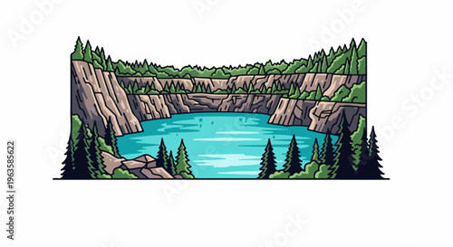 Pixel art quarry lake surrounded by rocky cliffs and pine trees