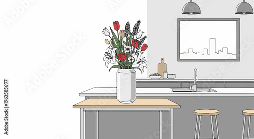 A kitchen island with a vase of flowers, bar stools, and a city skyline artwork