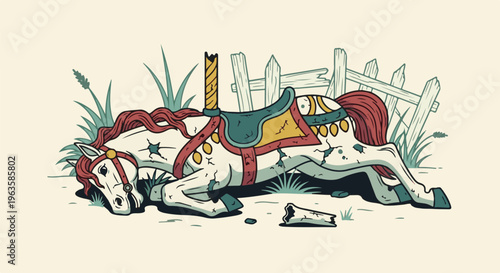 A damaged carousel horse lies on its side near a broken fence and grass