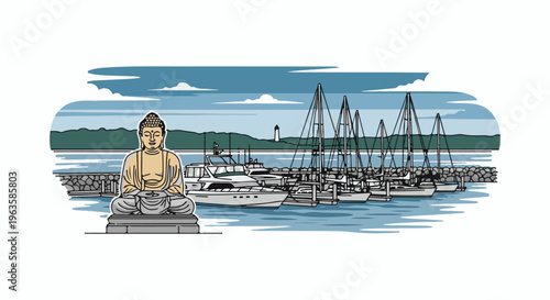 Seated Buddha statue overlooks a serene harbor filled with sailboats and yachts