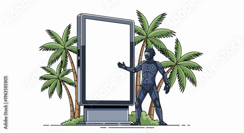 Robot in motion capture suit by billboard with palm trees