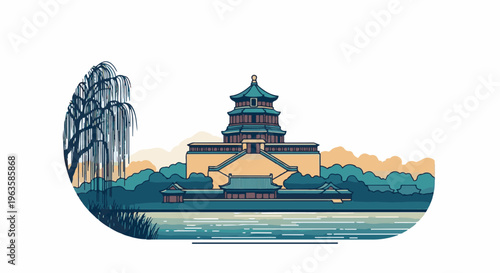 Serene pagoda and willow tree by tranquil water, stylized pixel art