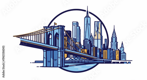 Stylized cityscape with iconic bridge and skyscrapers, blue and gold hues