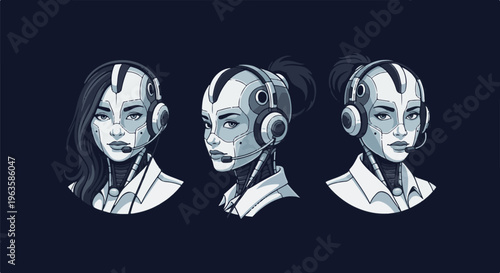 Three pixel art cyborg heads with headsets on dark background