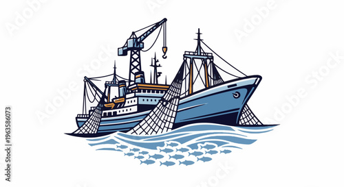 Stylized illustration of a large fishing vessel with nets casting into a school of fish