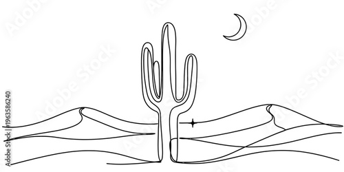 Quadro su tela Minimalist one line drawing of a saguaro cactus in the desert under a crescent m