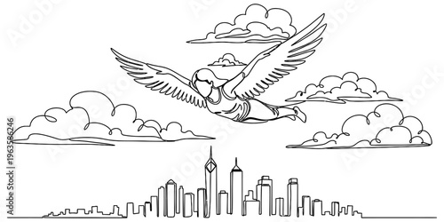 A single continuous line drawing of a person flying with angel wings over a modern city skyline.