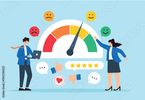Flat illustration of two business people analyzing customer feedback brand reputation with emojis on rating gauge