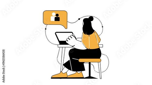 Animated woman working on laptop with team chat bubble at desk