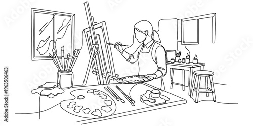 A dedicated female artist working on her masterpiece in a bright and creative home art studio
