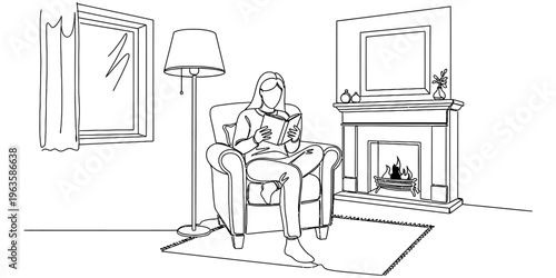 A line drawing of a woman sitting in a comfortable armchair reading a book by the fireplace light