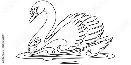 A simple black and white line art illustration featuring an elegant swan swimming on the water