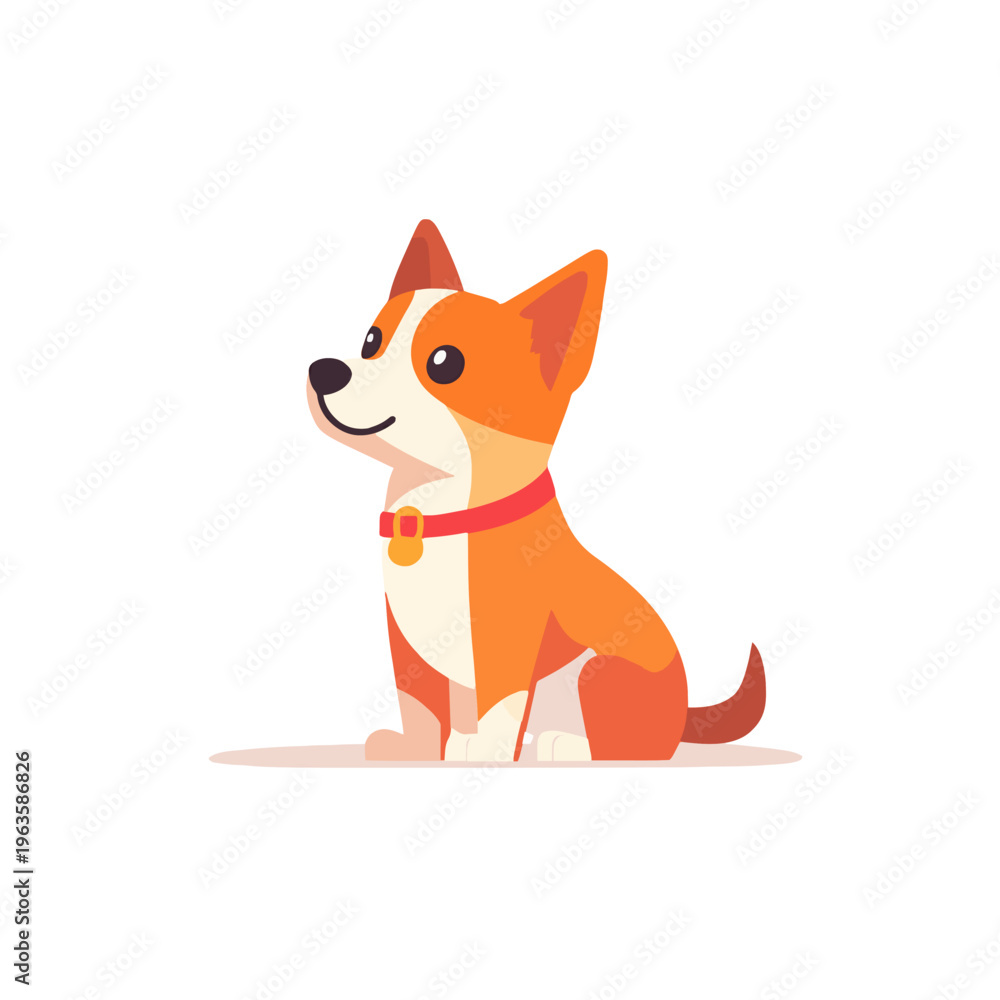 Fototapeta premium Cartoon Dog Sitting Happy | Pet Illustration Mascot Character Design | Cheerful Puppy with Collar on White Background Vector Graphic Template, Cute Animal Friend
