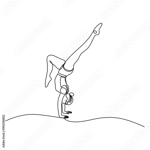 a black and white drawing of a woman wearing a skirt doing a handstand on a small hill. her left leg is extended upwards