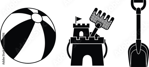 Beach Toys Silhouette Icons Including Beach Ball Sandcastle and Shovel Keywords: beach, toy, ball, sandcastle, shovel, rake