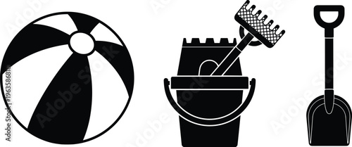 Beach toys including a striped ball, bucket with rake, and shovel vector illustration
