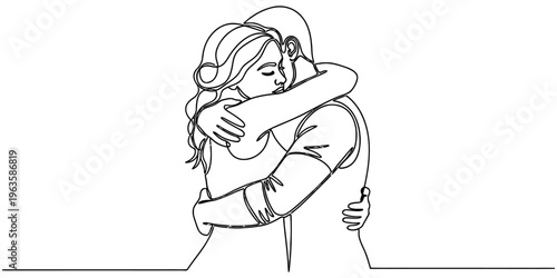 A beautiful continuous line drawing of a loving couple embracing each other in a tender moment