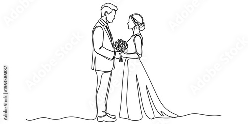 A single continuous line drawing of a groom and bride standing together holding a floral bouquet.
