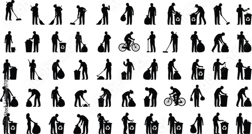 Collage of black silhouette figures engaged in cleaning and cycling activities Keywords: cleaning, sweeping, trash, garbage