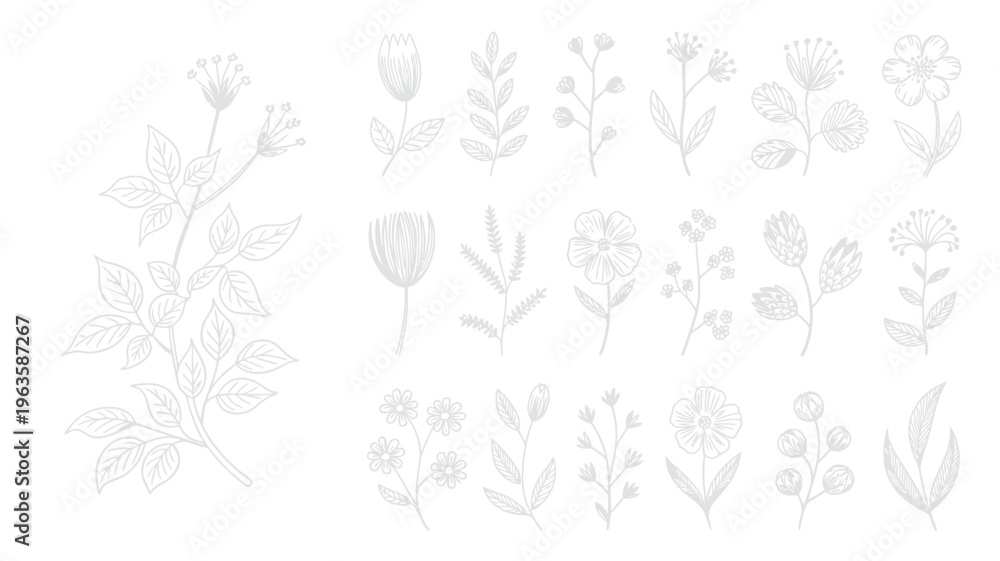 Fototapeta premium A collection of delicately drawn floral illustrations in grayscale showcasing various wildflowers and botanical elements on a white background high quality professional detailed modern elegant stylish
