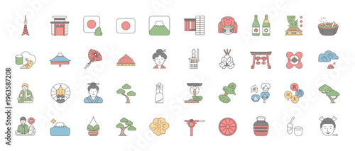Colorful Japanese culture icons and symbols set, including landmarks, food, and traditions.