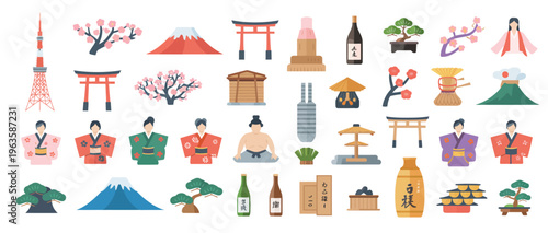 Japanese culture icons and landmarks illustration set, featuring Mount Fuji, temples, and traditional dress