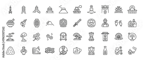 Collection of various science and laboratory icons in line art style, including equipment and symbols.