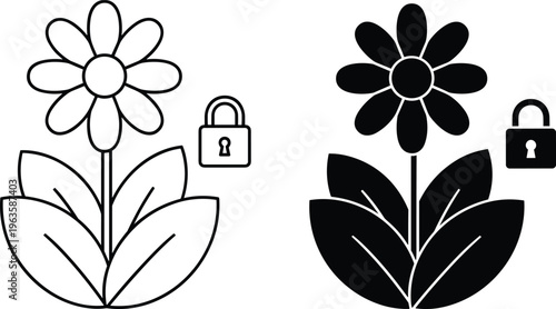 Flower with leaves and padlock in outline and solid black on white background Keywords: flower, padlock, lock, security