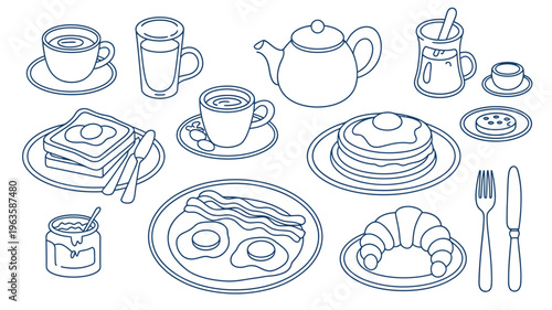 A charming line drawing depicts a delightful breakfast spread featuring various foods like pancakes eggs toast and hot beverages high quality professional detailed modern elegant stylish