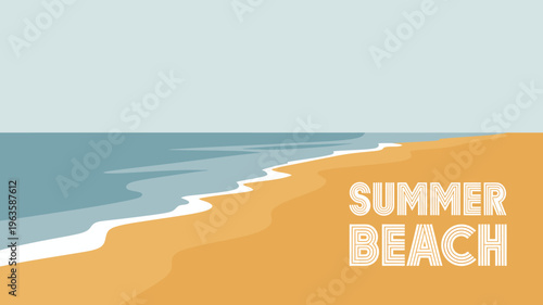 A serene coastal scene depicts a sandy beach meeting the ocean with the word summer boldly displayed in orange lettering high quality professional detailed modern elegant