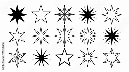 An arrangement of various black and white stars is displayed against a plain white background showcasing differing point counts and styles high quality professional detailed modern