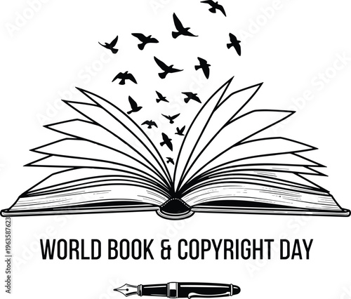 Open book with birds flying out and fountain pen for World Book and Copyright Day Keywords: book, open, birds, flying, fountain