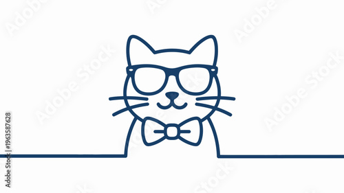 A minimalist illustration depicts a cat s face with glasses and a bow tie rendered in a single continuous blue line high quality professional detailed modern