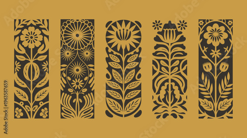 A series of five vertical rectangular panels display intricate floral designs in a dark brown color against a golden background high quality professional detailed modern elegant
