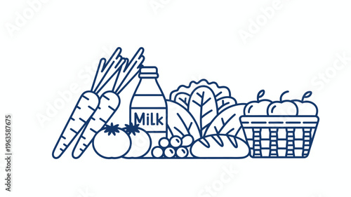 A simple line drawing displays a variety of fresh groceries including produce dairy and bread arranged in a horizontal composition high quality professional detailed modern elegant