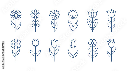 A collection of minimalist blue line drawn flowers in various stages of bloom displayed in a neat horizontal arrangement high quality professional detailed modern elegant stylish