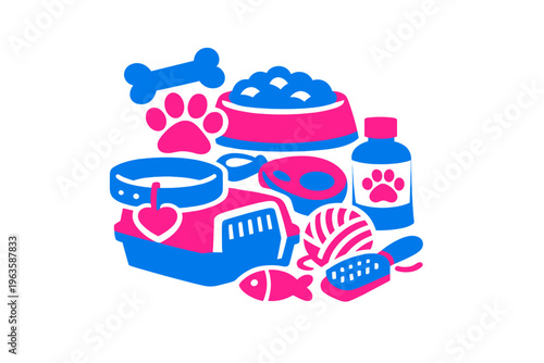Bright items for pet care that include bowls, toys, and accessories for dogs and cats during playtime or feeding