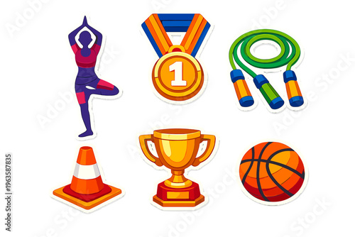Stickers showing sports items including a medal, jump rope, and a basketball with a trophy in colorful designs